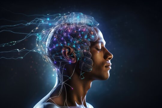 Human mind neural synapse communicating Neurotransmission GABA (Gamma-Aminobutyric Acid). Brain waves - alpha, beta, delta, theta - neural activities. Neuroimaging Electroencephalogram (EEG) medtech