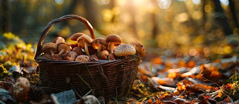 Edible mushrooms porcini in the wicker basket in grass in forest in sunligh close up. Creative Banner. Copyspace image