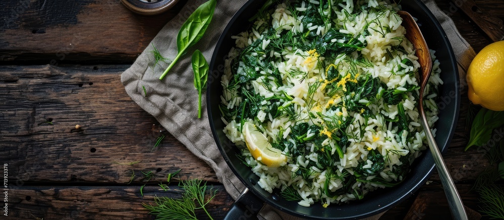 Poster close up of spanakorizo greek spinach and rice pilaf with lemon dill scallion in frying pan on dark 