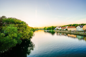 View of the Danube and the landscape in the city of Regensburg. Donau.
