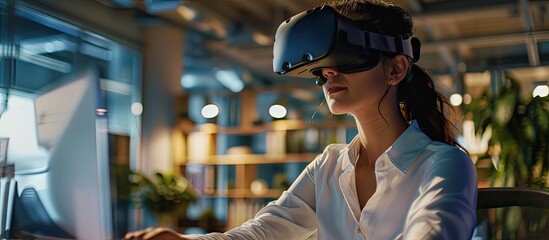 Confident woman with virtual reality headset pointing into the air while sitting at her workstation in the office Corporate employee working on new project with innovative technology. Creative Banner