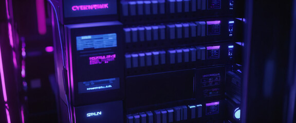 Technological Infrastructure, Data Center Illuminated by Violet Light, Servers, Network, Futuristic Ambiance