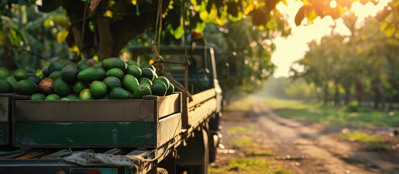Farmers loading the truck with full hass avocado s boxes Harvest Season. Creative Banner. Copyspace image