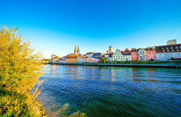 View of the Danube and the landscape in the city of Regensburg. Donau.
