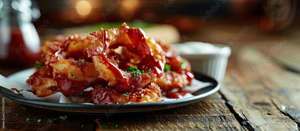 Poster Close up of bacon wrapped onion rings with sauce Shallow depth of field. Creative Banner. Copyspace image