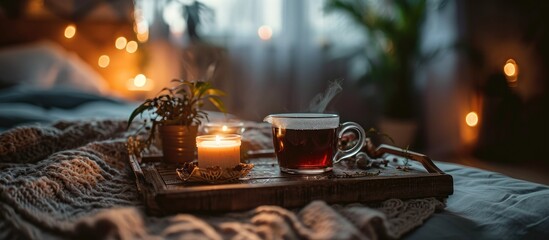 cup of tea with burning candle on wooden tray on bed in bedroom in evening. Creative Banner. Copyspace image - obrazy, fototapety, plakaty