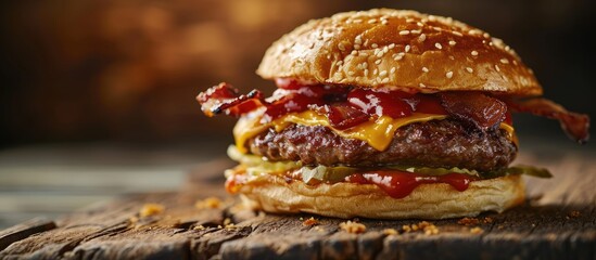 big juicy burger with bacon and melted pepper jack cheese. Creative Banner. Copyspace image
