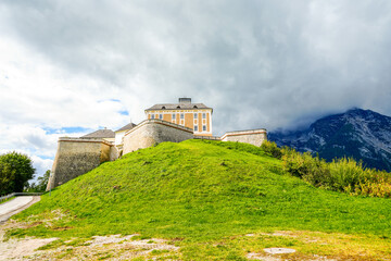 Fototapeta na wymiar View of Trautenfels Castle near Stainach-Pürgg in Styria in Austria. 