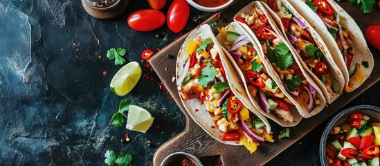 Delicious tacos with grilled fish cilantro lime cabbage carrot jalapeno and radish with mexican chili crema sauce. Creative Banner. Copyspace image - obrazy, fototapety, plakaty