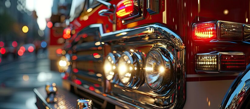 Detail of a shiny new headlamps on firetruck. Creative Banner. Copyspace image