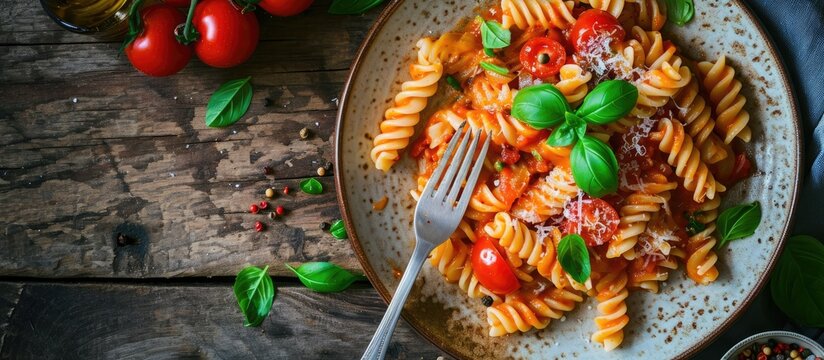Delicious Rose Pasta Plating Fork tomato sauce. Creative Banner. Copyspace image