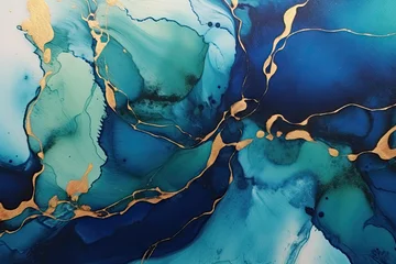Fotobehang  gold, blue and black paint, Natural luxury abstract fluid art painting in liquid ink technique. Tender and dreamy wallpaper. Mixture of colors creating transparent waves and golden swirls. © Nice Seven