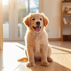 small golden retriever puppy in a bright room