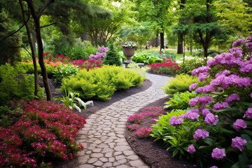 Fototapeta premium Garden with blooming flowers and pathway