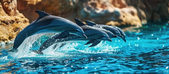 Dolphins dive into water doing performance in park. Creative Banner. Copyspace image - obrazy, fototapety, plakaty