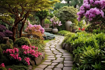 Fototapeta na wymiar Garden with blooming flowers and pathway