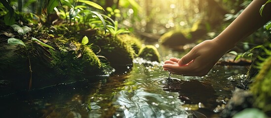 Forest water and hands of environmentalist test sample for research or inspection of the ecosystem and environment study Science sustainable and professional scientist doing agriculture exam