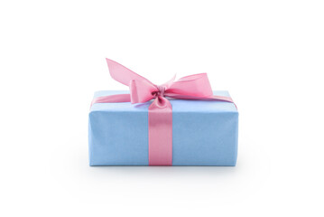 Blue paper present box with pink ribbon bow isolated on white background