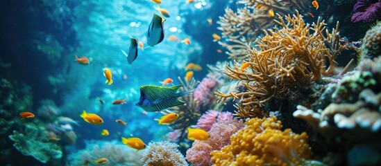 Coral reef with branching coral and colorful tropical fish swimming underwater in a natural marine ecosystem attracting eco tourism and divers. Creative Banner. Copyspace image