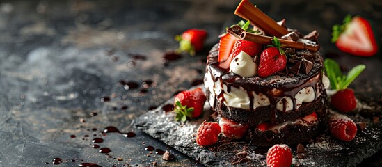 Delicious chocolate cakes with fresh strawberries Sweet dessert good morning concept Homemade baking cream topping Dark stone concrete background top view. Creative Banner. Copyspace image