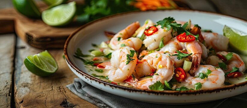 Ecuadorian shrimp ceviche a traditional appetizer On a white wooden table. Creative Banner. Copyspace image