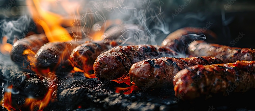 Poster brats being cooked on a grill with flame and smoke. creative banner. copyspace image