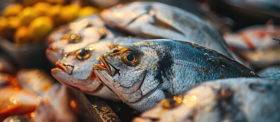 Fresh gilt head sea bream Sparus aurata for sale at a Greek fish market on the stall of a fisherman full frame background copy space selected focus narrow depth of field. Creative Banner