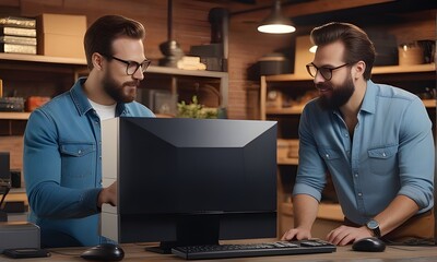 Two Caucasian Male Tech Startup Founders Using Old Desktop Computers In Retro Garage At Night. Software Developers and Experience Designers in the new year