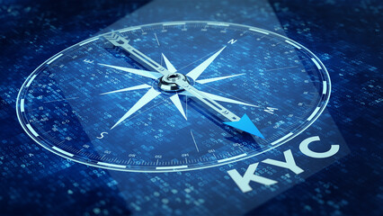 KYC - Know Your Customer - personal information for identification concept. Compass pointing to the word KYC