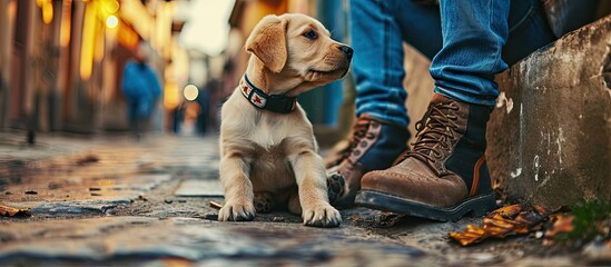 Dog owner standing in an urban environment with her golden labrador retriever puppy sitting next to...