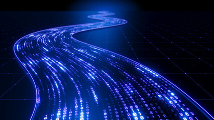 Streaming data, binary data moving on a digital road - Digital Code road concept