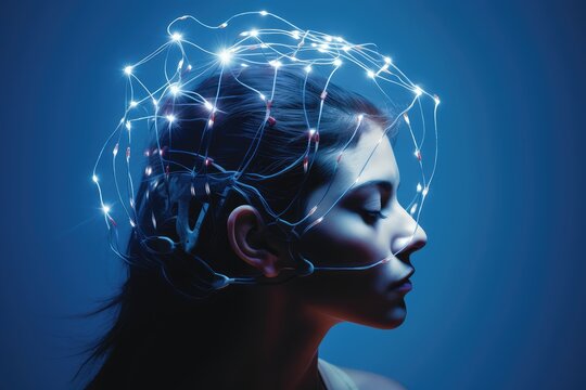Human mind neural synapse communicating Neurotransmission GABA (Gamma-Aminobutyric Acid). Brain waves - alpha, beta, delta, theta - neural activities. Neuroimaging Electroencephalogram (EEG) medtech
