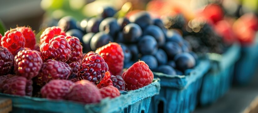 Farm fresh organic berries with vibrant colors ready to sell to customers at a local farmer s market. Creative Banner. Copyspace image