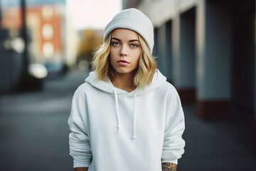 A beautiful white female with shoulder length blond wavy hair, wearing a white winter beanie, facing forward, wearing - obrazy, fototapety, plakaty