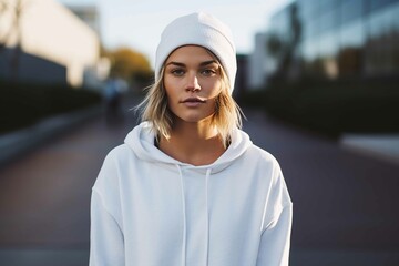 A beautiful white female with shoulder length blond wavy hair, wearing a white winter beanie, facing forward, wearing - obrazy, fototapety, plakaty