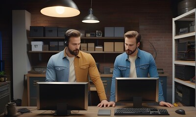 Two Caucasian Male Tech Startup Founders Using Old Desktop Computers In Retro Garage At Night. Software Developers and Experience Designers in the new year