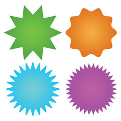 Set of vector starburst, sunburst badges. Different color. Simple flat style Vintage labels. Colored stickers. 66.11.