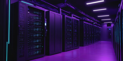 Digital Infrastructure, Data Center Illuminated in Vibrant Blue Light with Rows of Servers, Technology, Networking, High-Tech Environment