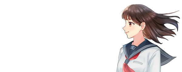 女子学生のイラスト素材　上半身　背景透過　横長　左にスペース有り　