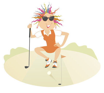 Golfer woman on the golf course. 
Golf course. Cartoon young golfer woman aiming to do a good shot. Isolated on white background
