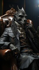 a black horse wearing a suit sitting in an armchair smoking a pipe with a magnifying glass nearby.Generative AI
