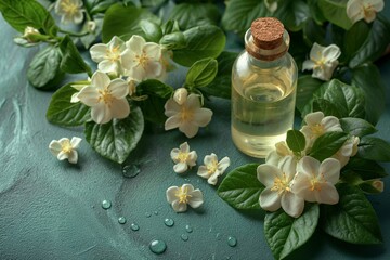 Obraz na płótnie Canvas Photo of Jasmine Flowers and Essential Oil on a Lush Green Background