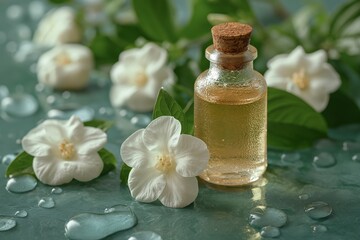 Photo of Jasmine Flowers and Essential Oil on a Lush Green Background