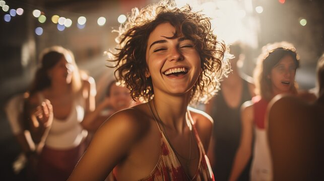 Group of young women dancing in a party, real photo, stock photography with a documentary-style approach, capturing candid moments and emotions