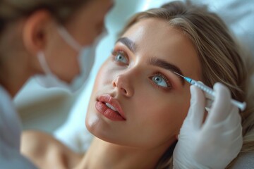 A cosmetologist, a woman about 35 years old, gives beauty injections to a woman about 30 years old, who is lying on the couch