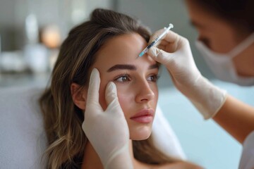 Fototapeta premium A cosmetologist, a woman about 35 years old, gives beauty injections to a woman about 30 years old, who is lying on the couch
