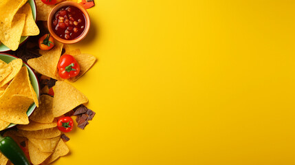 Fototapeta na wymiar Vibrant Cinco de Mayo Concept: Top View Photo of Traditional Food, Nacho Chips, Salsa, Chilli, Tequila, Sombrero, Serape, Cactus, and Maracas on Isolated Vivid Yellow Background with Copyspace 