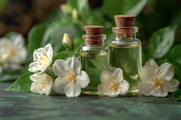 Obraz na płótnie Canvas Photo of Jasmine Flowers and Essential Oil on a Lush Green Background