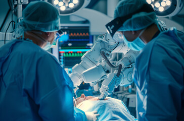 Two Surgeons Observing High-Precision Programmable Automated Robot Arms Operating Patient In High-Tech Hospital