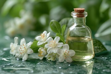 Photo of Jasmine Flowers and Essential Oil on a Lush Green Background
